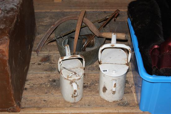 Pair enamel watering cans, copper etc